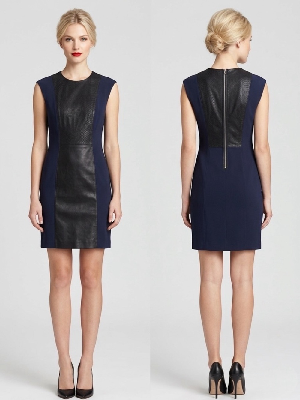 Rebecca Taylor Navy Blue Black Lamb Leather Snake-print Sleeveless sheath Dress